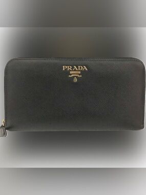 Prada Saffiano Leather Black Zip Around Long Wallet
